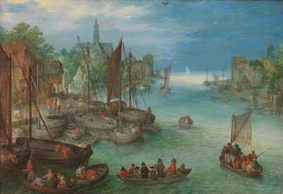 Udsigt over en by langs en flod Udsigt over en by ved en flod af Jan Brueghel (I) (attributed to)