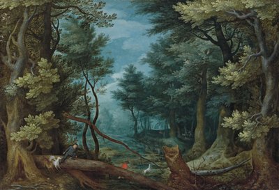 Et skovlandskab med jægere, der jagter en kronhjort af Jan Brueghel the Elder