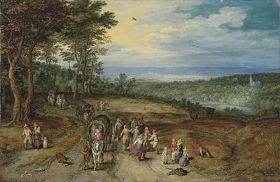 Et stort skovlandskab med rejsende på et spor og dansende bønder i forgrunden / Landscape with Travellers and Peasants on a Track af Jan Brueghel the Elder