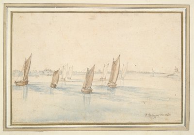 Både, der sejler på en flod, et landsted i det fjerne af Jan Brueghel the Elder