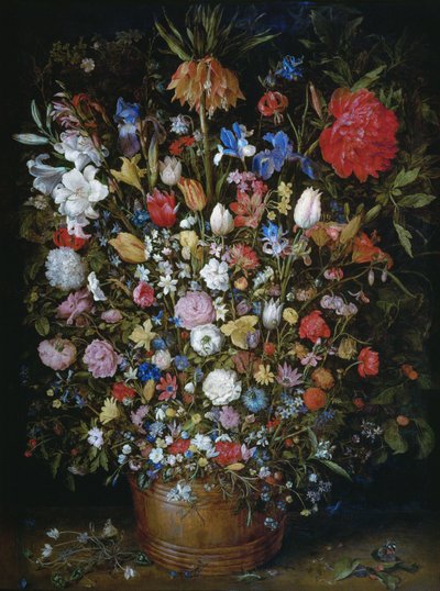 Blomster i en træbeholder af Jan Brueghel the Elder
