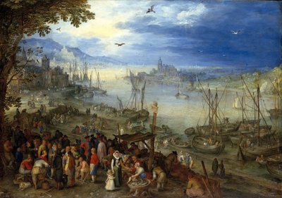 Tysk: Fischmarkt am Ufer eines Flusses Fiskemarked ved bredden af en flod af Jan Brueghel the Elder