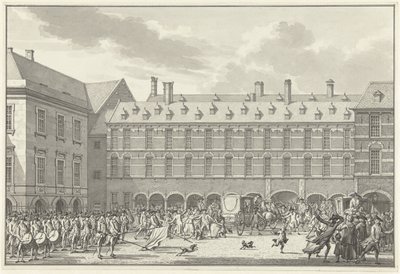 Uroligheder, da deputerede i Dordrecht kører gennem Stadhouderspoort på Binnenhof, 1786 af Jan Bulthuis