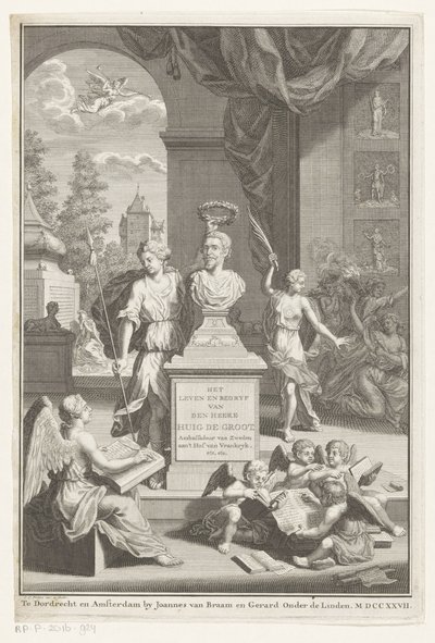 Buste af Hugo de Groot rost af Victoria Hr. Huig de Groots liv og virksomhed (titel på objektet) Titelside for: Caspar Brandt og Adriaan van Cattenburg, History of the life of Mr Huig de Groot, 1727 af Jan Caspar Philips