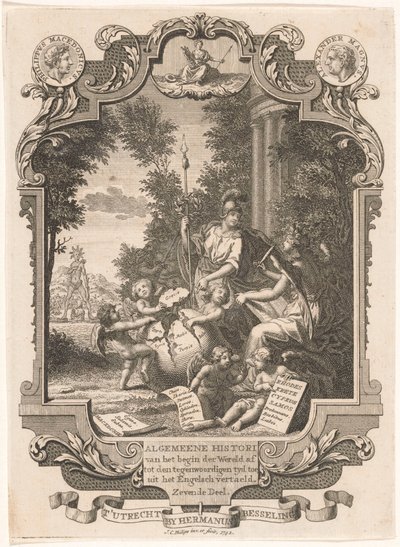 Cartouche med allegori over Grækenlands historie Titelblad for: Kornelis Westerbaen, Algemeene histori, 1742 af Jan Caspar Philips