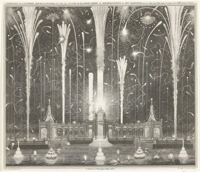 Fyrværkeri i Haag for freden i Aachen, 1749 Afbildning af fyrværkeriet, affyret i Haag, 13. juni 1749, brugt af den Aakensche Vreede / Representation du feu d