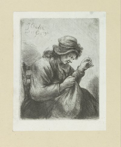 Vrouw sætter naald i draad The Compleat Work of Etchings af John Chalon / Oeuvre Complette des Eaux Fortes af Jean Chalon (serietitel) af Jan Chalon