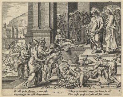 Lignelsen om Ananias og Saffira, begyndelsen af det 17. århundrede. af Jan Claesz Visscher