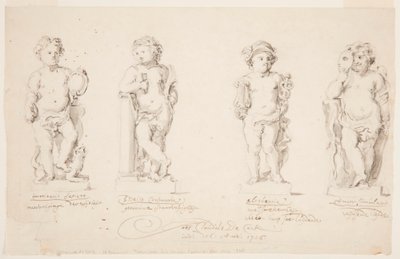Tegning, projekter til statuer: "Visdom." "Standhaftighed." "Veltalenhed." "Amor forklædt.", 1726 af Jan Claudius de Cock