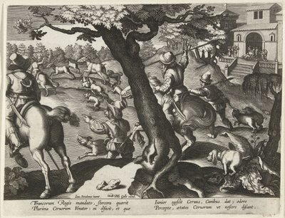 Hertenjacht met honden Jachttaferelen (serietitel) Jagten på vildt, fugle og fisk i Bestiary (serietitel) af Jan Collaert (II) (attributed to)