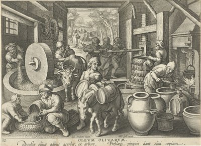olivenpresse Olevm Olivarvm (titel på objekt) Nye opfindelser og opdagelser (serietitel) Nova Reperta (serietitel) af Jan Collaert (II) (attributed to)