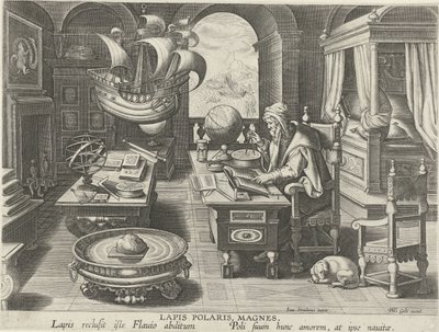 Opfindelsen af ​​kompasset Lapis Polaris, Magnes (titel på objekt) Nye opfindelser og opdagelser (serietitel) Nova Reperta (serietitel) af Jan Collaert (II) (attributed to)