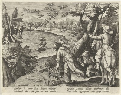 Jacht op kraaien en spreeuwen Jachttaferelen (serietitel) Jagten på vildt, fugle og fisk i Bestiary (serietitel) af Jan Collaert (II)