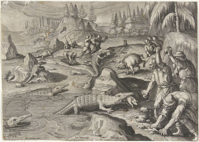 Krokodillenvangst Jachttaferelen (serietitel) Jagten på vildt, fugle og fisk i Bestiary (serietitel) af Jan Collaert (II)