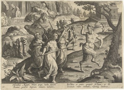 Vrouwen verjagen een sater Jachttaferelen (serietitel) Jagten på vildt, fugle og fisk i Bestiary (serietitel) af Jan Collaert (II)