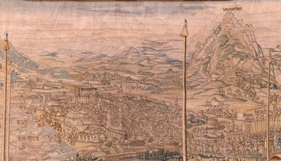 flamsk gobelin. Serien Erobringen af Tunis; Gennemgang af tropperne i Barcelona (La revista de las tropas en Barcelona). Andet gobelin i serien. Model Jan Vermeyen og Pieter Coecke van Aelst. 1543-1548. Fremstilling Real Fábrica de Tapices de Sant af Jan Cornelisz Vermeyen