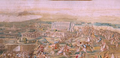 flamsk gobelin. Serien Erobringen af Tunis. Angrebet på La Goleta (Ataque a la Goleta). Fjerde gobelin i serien. Model Jan Vermeyen og Pieter Coecke van Aelst. 1543-1548. Fremstilling af Real Fábrica de Tapices de Santa Bárbara, Madrid af Jan Cornelisz Vermeyen