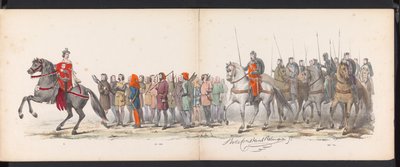 Masquerade of the Leiden Students, 1865 (plade 15) Udklædt procession holdt af medlemmerne af Leidens studentkorps den 6. juni 1865 til fejring af 290-året for Leidsche Hoogeschool, skildrer: hollændernes indtog b. af Jan Daniël Cornelis Carel Willem baron de Constant Rebecque