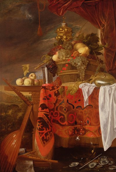 En kurv med blandet frugt med forgyldt kop, sølvkalk, Nautilus, glas og ferskner på en tallerken af Jan Davidsz de Heem