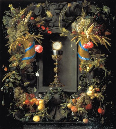 Nadverbæger omkranset af en frugtkrans af Jan Davidsz. de Heem