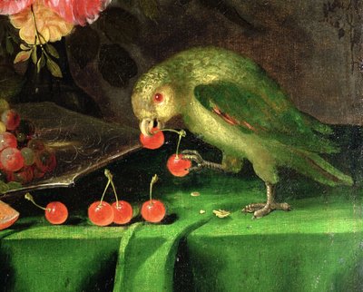 Stilleben af frugt og blomster, detalje af en papegøjeolie på lærred detalje af 100411 af Jan Davidsz de Heem