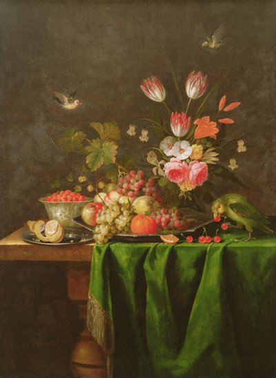 Stilleben af frugt og blomster med en papegøje på et bord dækket med en grøn klud (se 100412 for detaljer) af Jan Davidsz de Heem