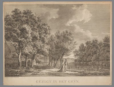 Landskab med et par, der går langs bredden af ​​Gein Gezigt in het Geÿn (titel på objekt) af Jan Evert Grave