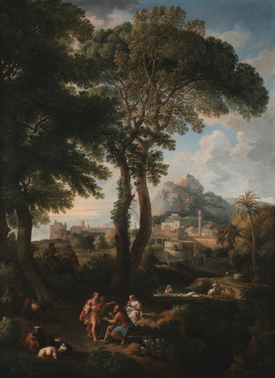 Et klassisk flodlandskab med figurer, der hilser på hinanden på en vej i forgrunden, udsigt til en by i det fjerne (olie på lærred) af Jan Frans van Bloemen