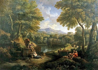 Landskab med figurer ved en brønd (olie på lærred) af Jan Frans van Bloemen