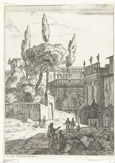 Italiensk landskab med antikke bygninger og figurer af Jan Frans van Bloemen