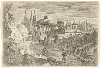 Italiensk landskab med rejsende ved bymurene af Jan Frans van Bloemen