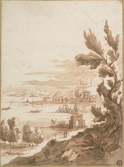 Udsigt fra bakke med udsigt over en havn af Jan Frans van Bloemen