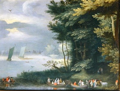 Banks of a Lake med figurer, der går om bord i robåde (olie på lærred) af Jan Frans van Bredael