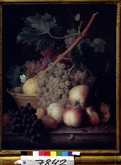 ""Frugter"" Stilleben af ​​ferskner, druer, pærer og granatæbler med sommerfugle og en hveps. Maleri af Jean Francois van Dael (1764-1840) 1808 Pushkin Museum, Moskva af Jan Frans van Dael