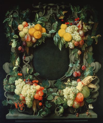 Krans af frugt omkring en tom niche af Jan Frans van Son