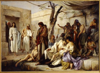 Miraklet ved Bethesda-bassinet. Placeret på vejen fra Beth Zeta (Israel) til Jerusalem, nærmer Jesus Kristus sig bassinet, hvor de lammede samles og helbreder mirakuløst en syg person. Maleri af Jan af Jan Franzevich Cloginsky