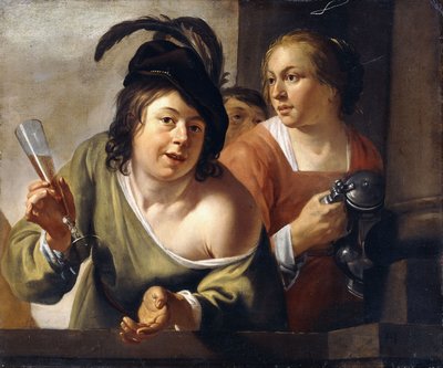 En ung toper og en tjenestepige drikker på en altan, af Jan Gerritsz. van Bronckhorst