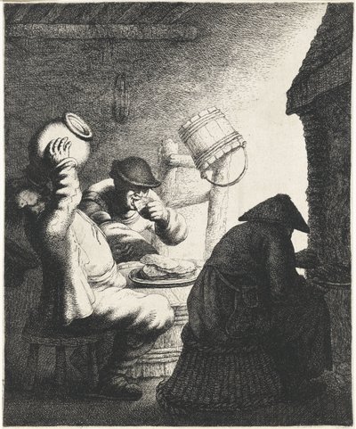 Figurer spiser pandekager i et interiør Smag De fem sanser (serietitel) af Jan Gillisz. van Vliet