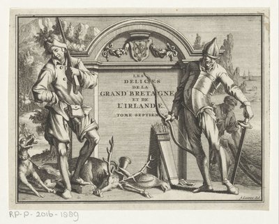 Twee jagers til arkitektoniske omgivelser Titelside for: James Beeverell, The delights of Great Britain and Ireland, bind syv, 1707 af Jan Goeree (possibly)