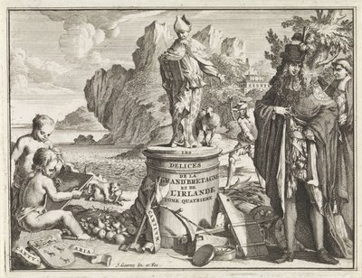 Voetstuk met de heilige Thomas Becket Titelpagina voor J. Beeverell, The delights of Great Britain and Ireland, deel 4, 1707 Fornøjelserne i Storbritannien og Irland (titel på objekt) af Jan Goeree