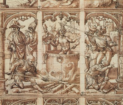 Sankt Johannes evangelistens martyrium (vask på papir) af Jan Gossaert