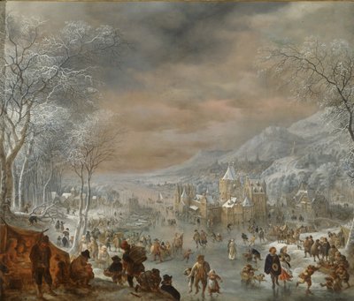 Vinterlandskab med skatere, kirke og landsby langs bredden af en flod af Jan Griffier