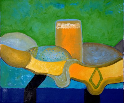 Stilleben med øl og fisk, 2009 (olie på lærred) af Jan Groneberg