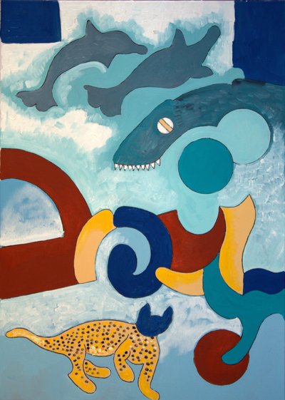 Leoparden har et blåt hoved, 2009 (olie på lærred) af Jan Groneberg