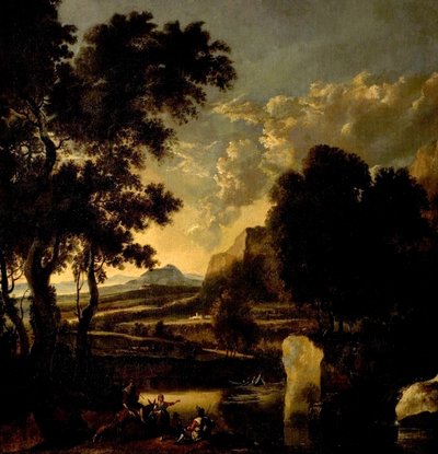 Landskab med figurer i forgrunden af Jan Hackaert