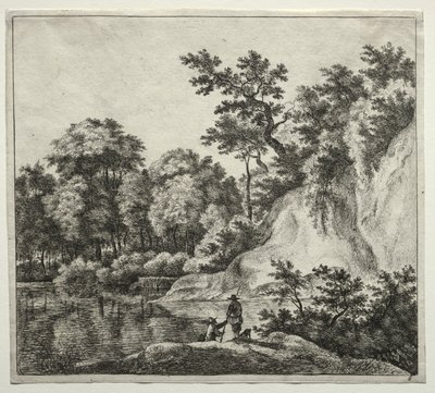 Klippen badet af floden af Jan Hackaert