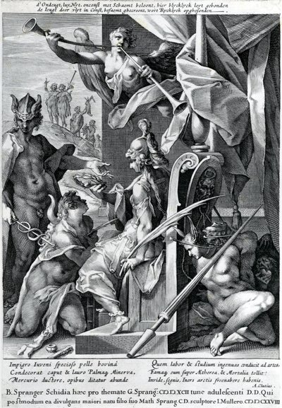 Mercury og Minerva bevæbner en helt med et tyreskind og en laurbærkrans, 1604 af Jan Harmensz Muller