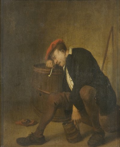 Sovende mand (olie på panel) af Jan Havicksz (school of) Steen