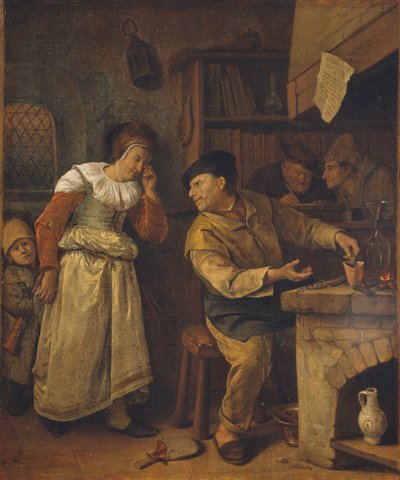 En guldsmed, der smelter en kvindes smykker ned i nærvær af en notar: Alkymisten, ca. 1668-70 (olie på lærred) af Jan Havicksz. Steen