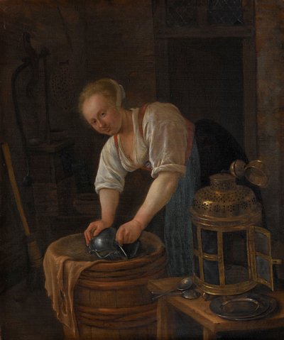 Kvinde skurer metalvarer af Jan Havicksz. Steen